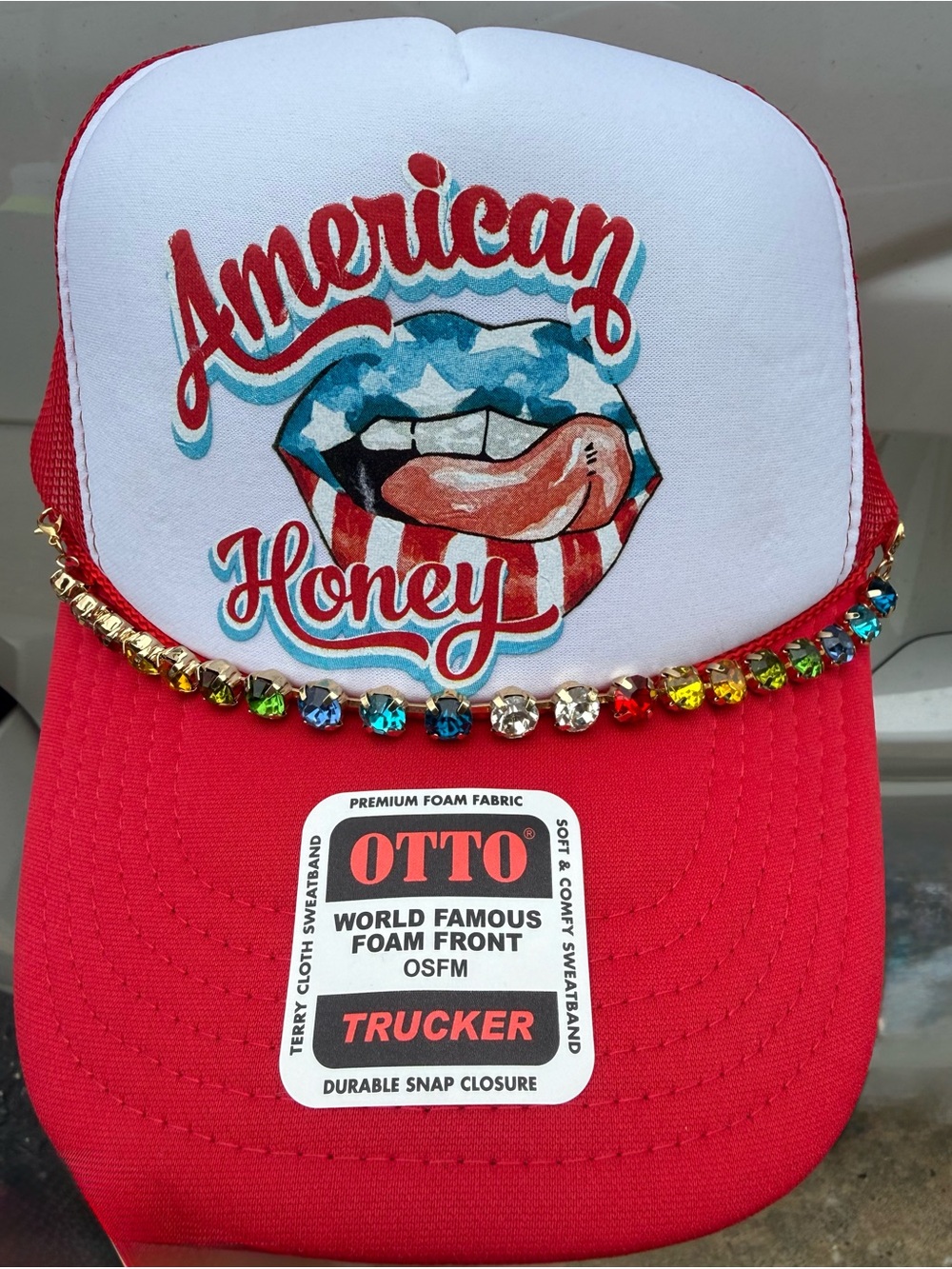 OTTO Red and White 'American Honey' Trucker Hat with Multicolor Rhinestones